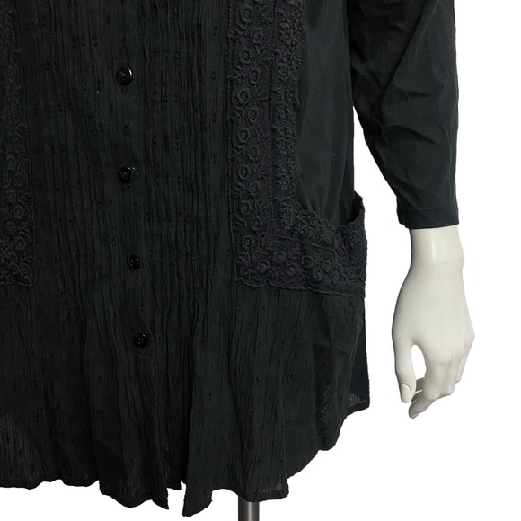 Logo Black Top Blouse Button Front Women Large Emo Gothic Mourn Pintucked Pocket - Picture 5 of 10